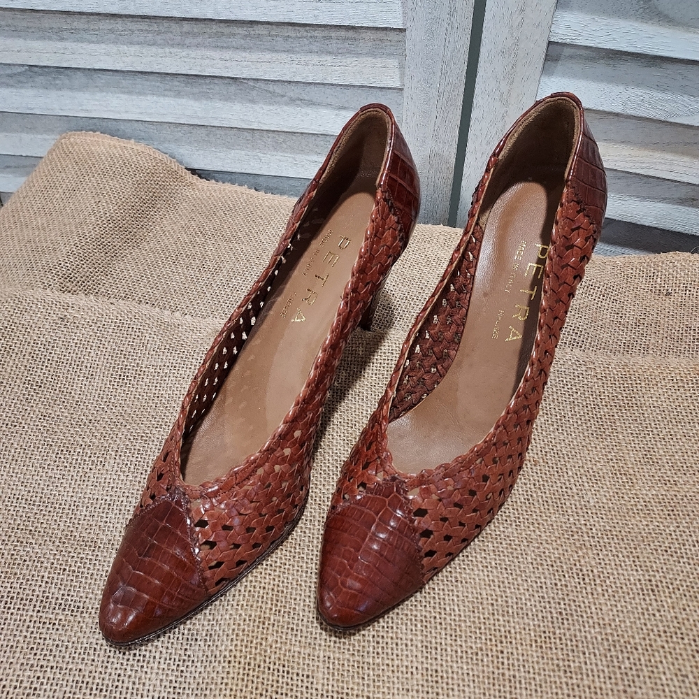 Vintage Petra Firenze Heels. Italian Brown Leather And Snake Skin Heels Size 7.5